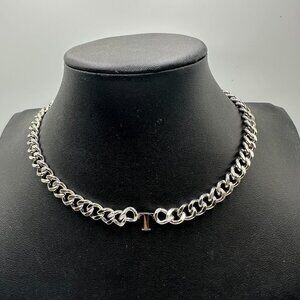 3/$30 Stainless Steel Cuban Link Necklace Silver Tone Initial T Charm Unisex 13"